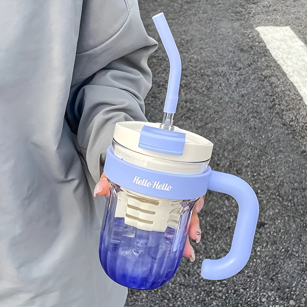 Gradient Striped Straw Cup With Handle