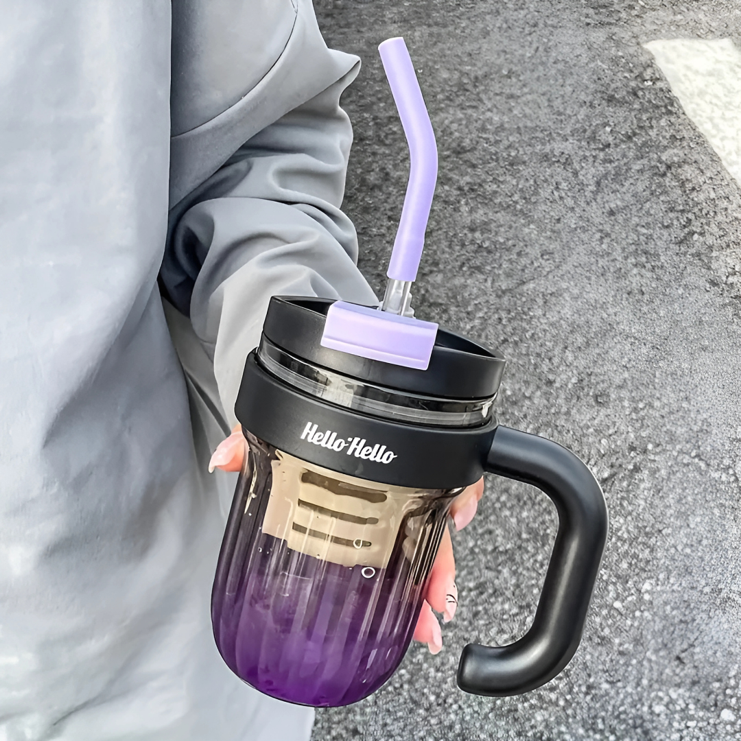 Gradient Striped Straw Cup With Handle