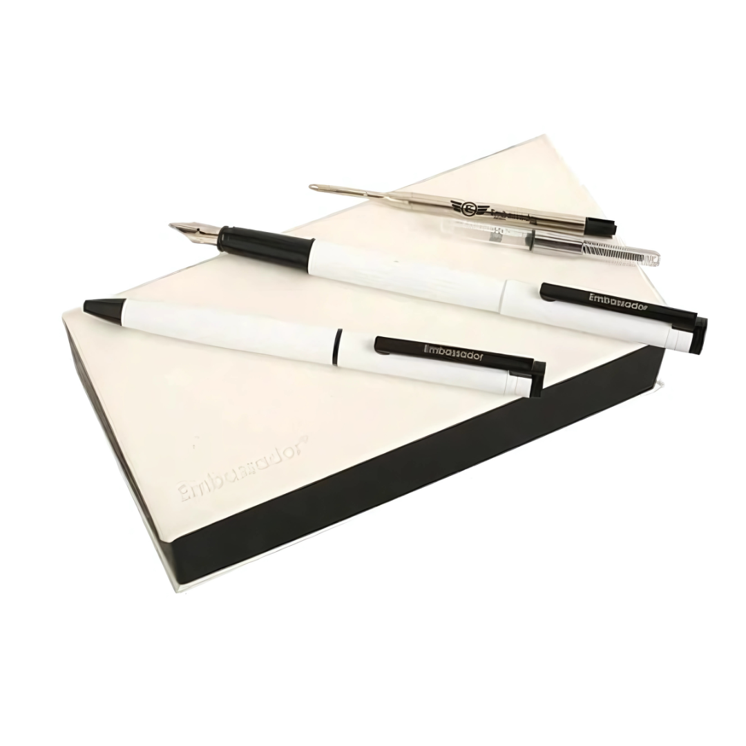 Embassador Black and White Ball Pen Fountain Gift Set