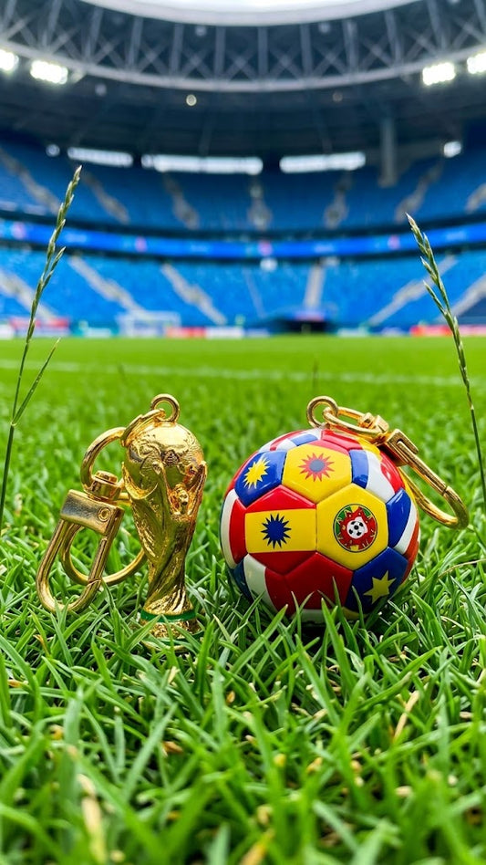 World Cup Trophy & Multi-Nation Flag Football Keychain Set
