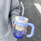 Gradient Striped Straw Cup With Handle